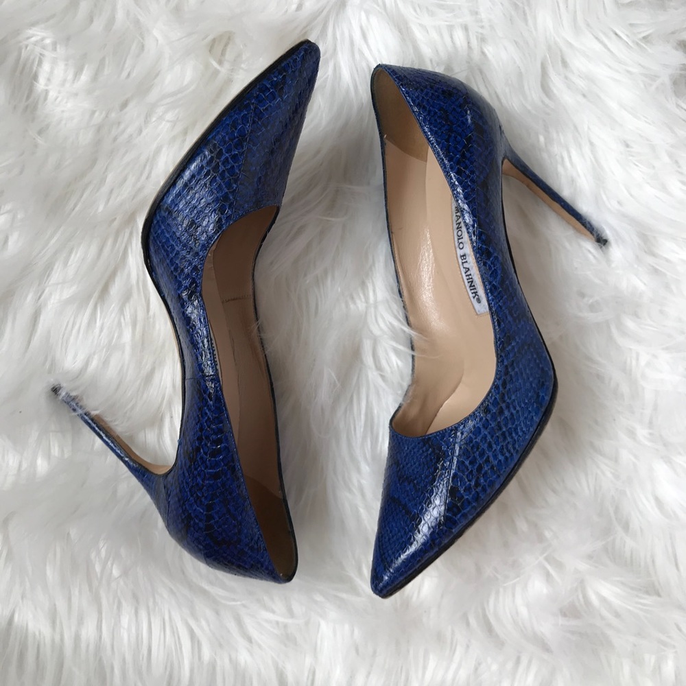 Manolo Blahnik Denim Navy Watersnake Pumps